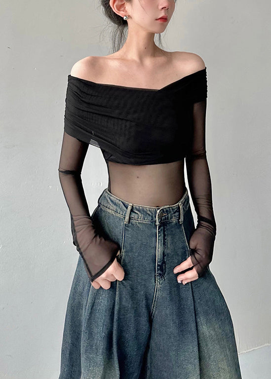 Black Cold Shoulder Tulle Blouse Tops Fall