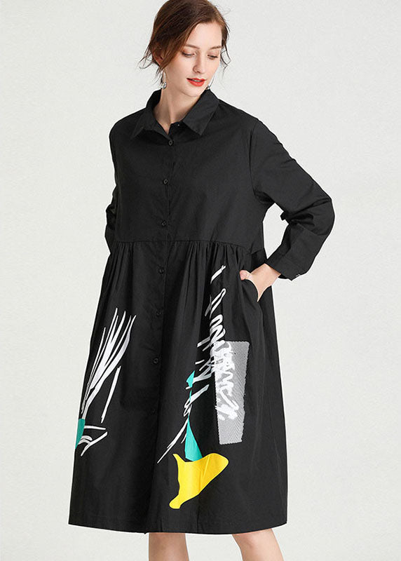Black Print Patchwork Shirts Dress Fall