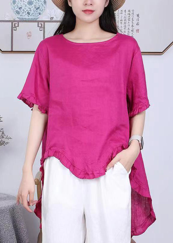 Rose Asymmetrical Ruffled Patchwork Linen Tops Summer