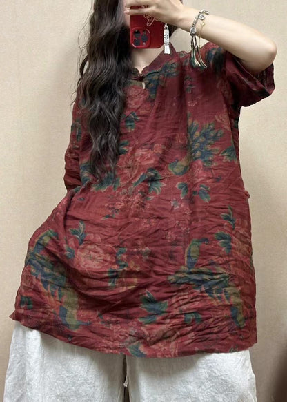 Red Stand Collar Button Print Linen Blouses Half Sleeve