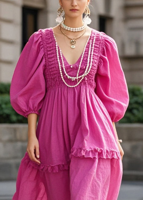 Rose Ruffled Wrinkled Cotton Party Dress Fall