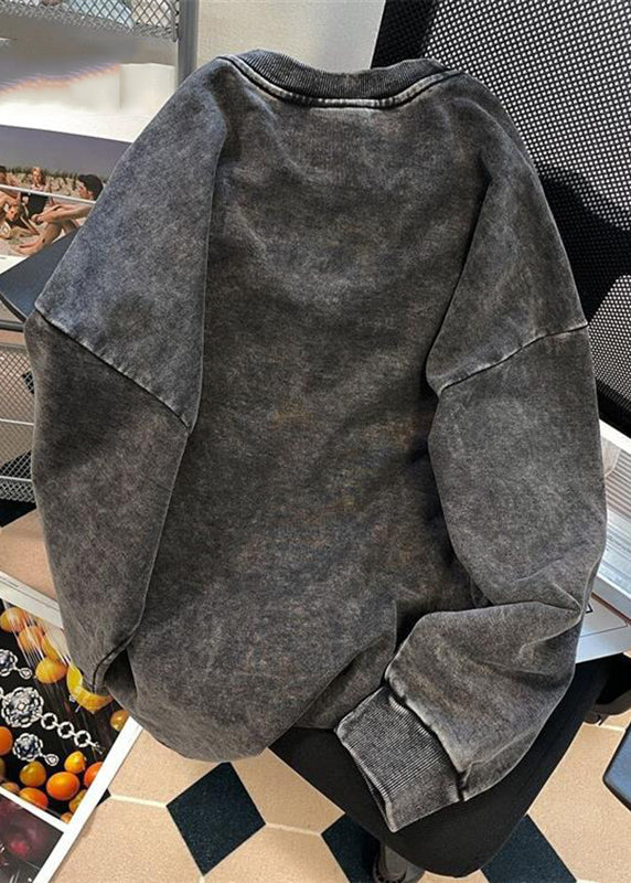 Dark Grey O-neck Rose Print Warm Fleece Pullover Long Sleeve