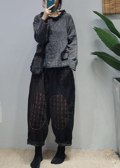 Unique Red O-neck Patchwork Linen Pullover Long Sleeve