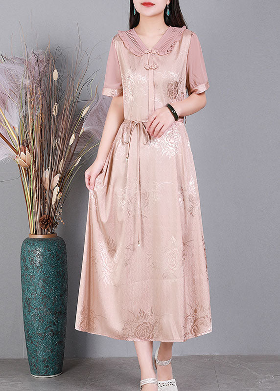 Blue V Neck Tie Waist Jacquard Oriental Button Silk Holiday Dress Summer