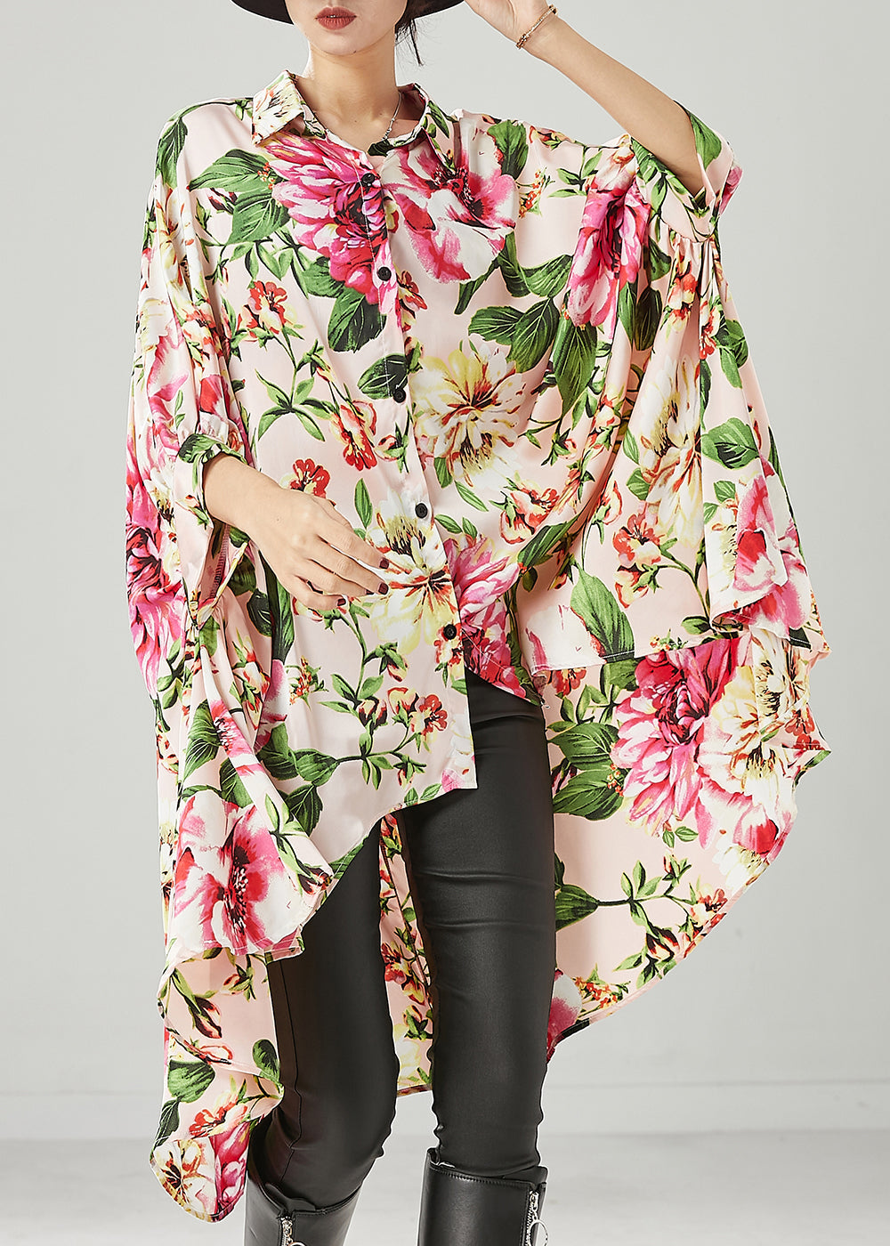 Apricot Print Low High Design Chiffon Shirt Dresses Spring