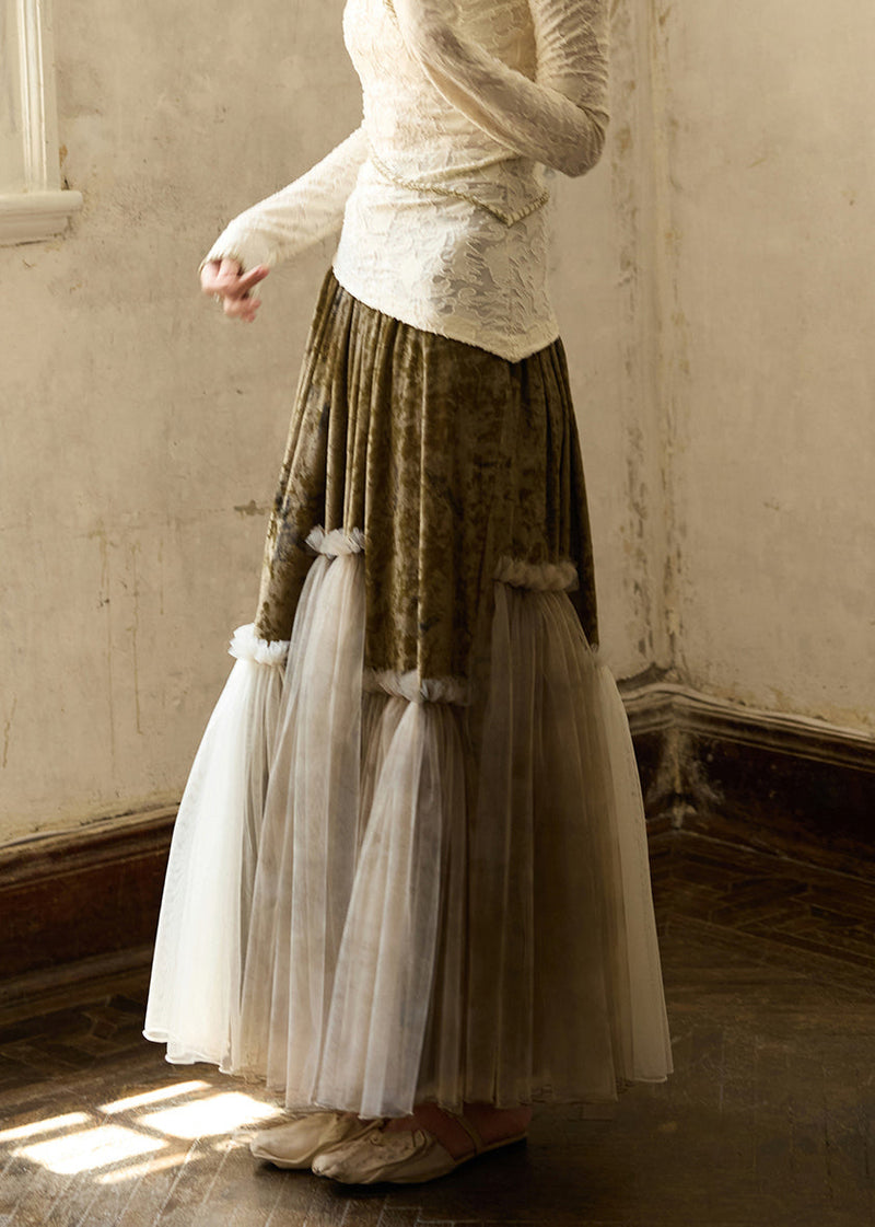 Green Ruffled Elastic Waist Tulle Patchwork Silk Velvet Skirts Winter