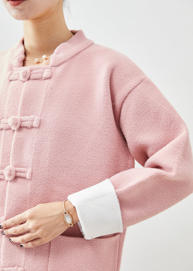 Pink Mandarin Collar Chinese Button Pockets Woolen Coats Fall