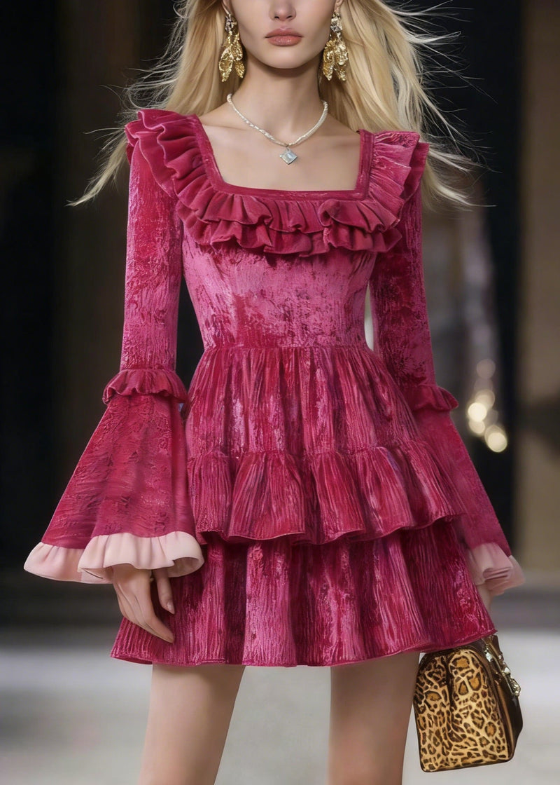 Rose Square Collar Ruffled Patchwork Mini Dresses Flare Sleeve