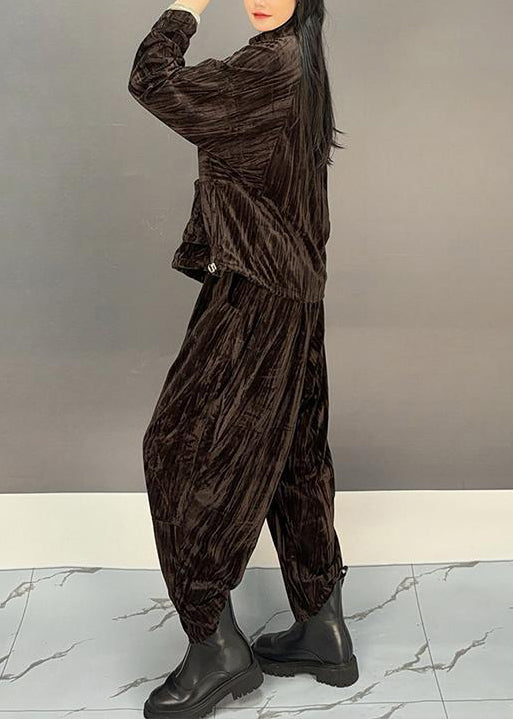 Loose Brown Zippered Tops and Crop Pants Silk Velvet Two Pieces Set Winter