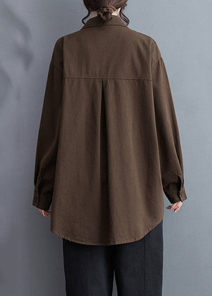 Loose Coffee Pockets Cotton Shirts Long Sleeve
