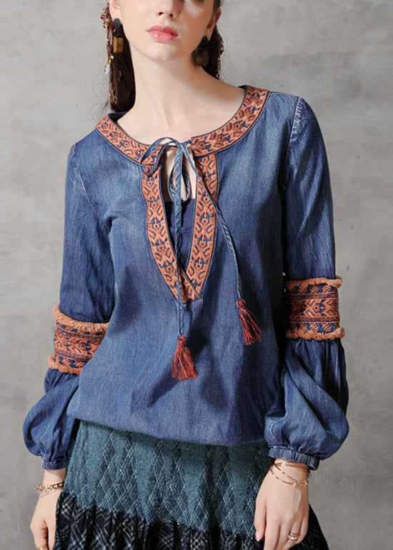 Simple Blue O-neck Embroideried Patchwork Cotton Tops Lantern Sleeve