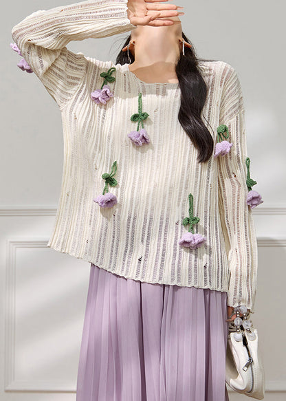 Art White Hollow Out Knit Top Fall