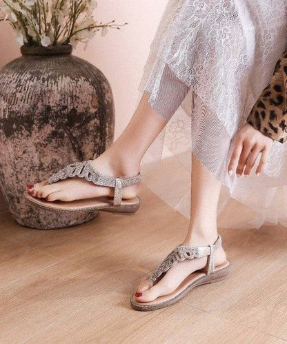 Diy Black Faux Leather Flip Walking Sandals Splicing Zircon