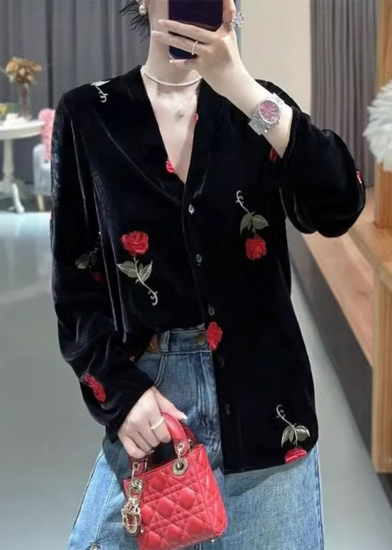 French Black V Neck Rose Button Silk Velour Blouses Fall