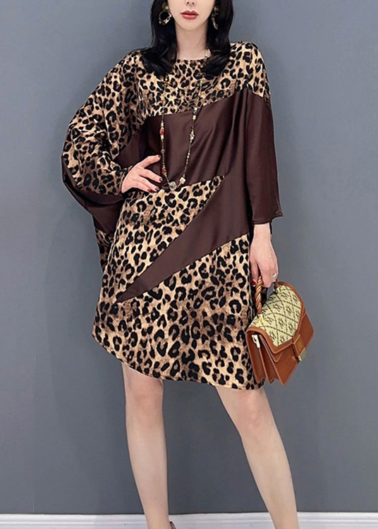 Chocolate O-neck Leopard Print Maxi Dresses Spring