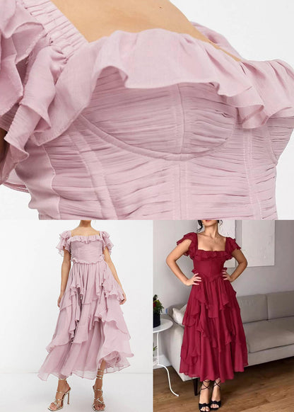 Red Backless Ruffled Cotton Long Dress Summer