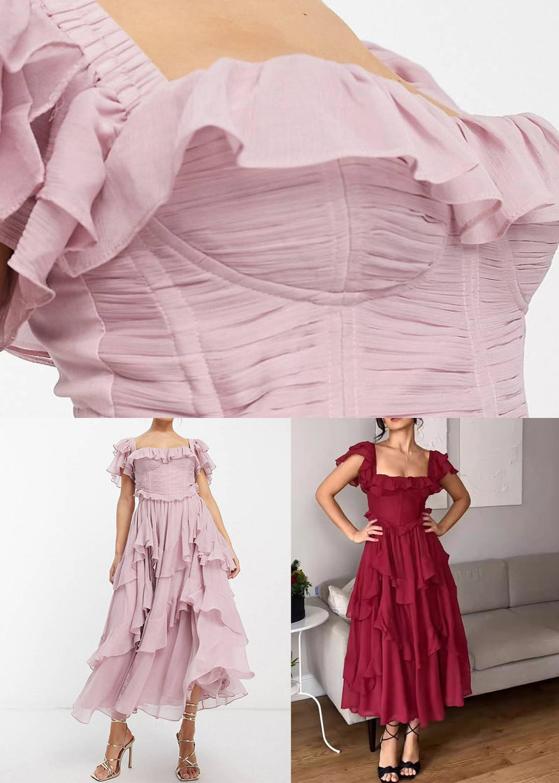 Red Backless Ruffled Cotton Long Dress Summer