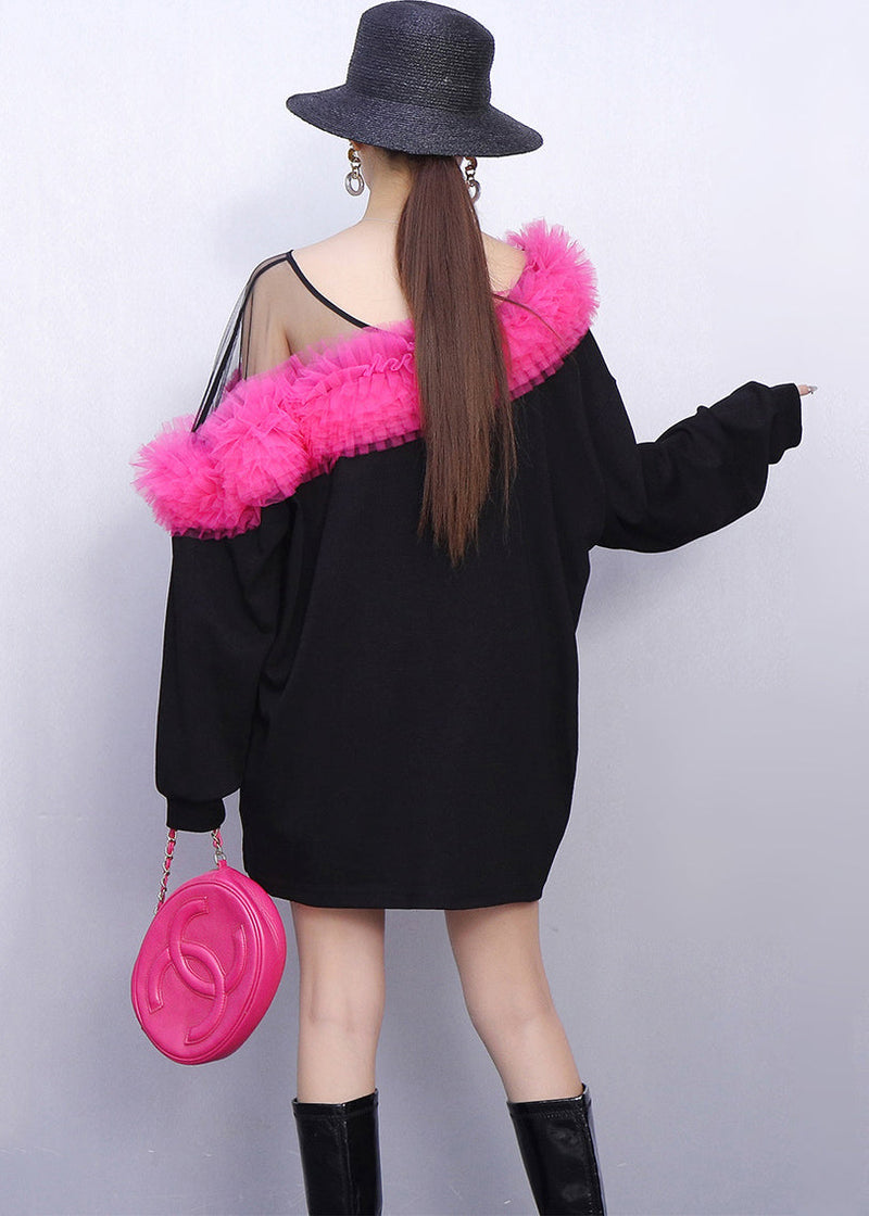 Colorblock Patchwork Cotton Mini Dress One Shoulder Spring