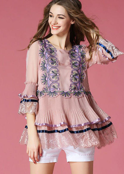 Pink Embroideried Lace Patchwork Silk Top Bracelet Sleeve
