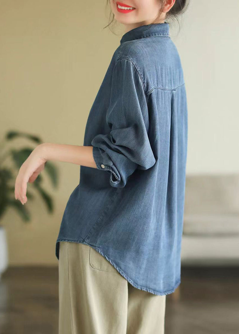 Denim Blue Peter Pan Collar Patchwork Button Shirt Long Sleeve