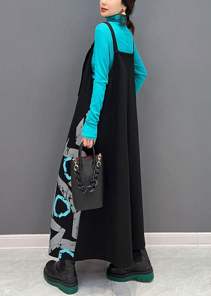 Black Asymmetrical Design Patchwork Print Cotton Strap Dress Spring