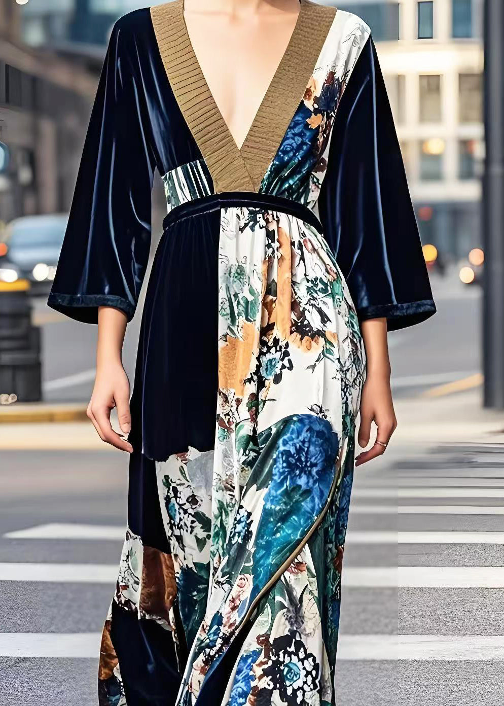 Dark V Neck Print Silk Velour Cinched Dress Fall