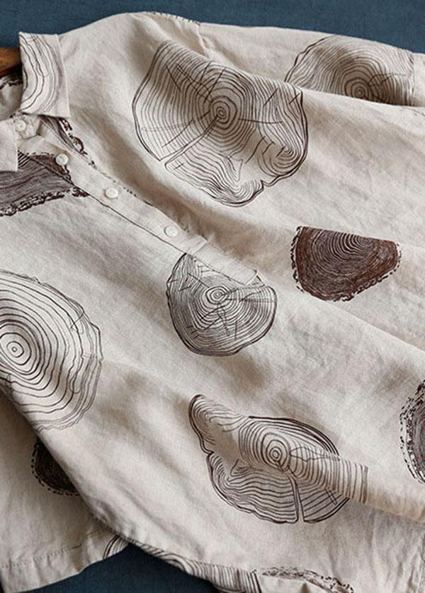 Beige Peter Pan Collar Print Summer Linen Blouses Half Sleeve