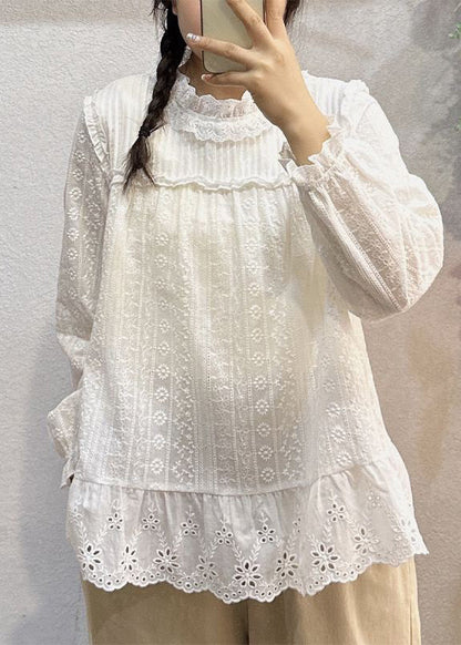 White Hollow Out Lace Patchwork Cotton Top Long Sleeve