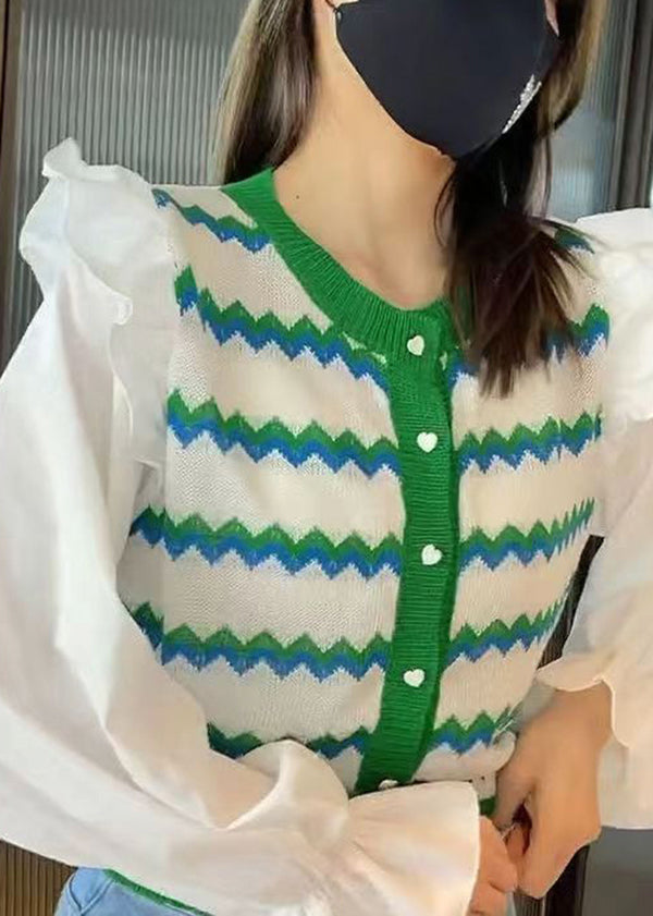 Green Striped Ruffled Patchwork Knit Blouse Tops Fall