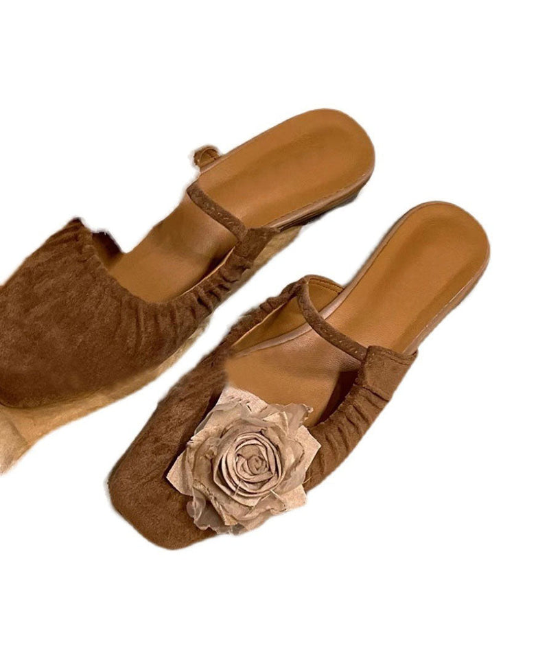 Brown Slide Sandals Splicing Wrinkled