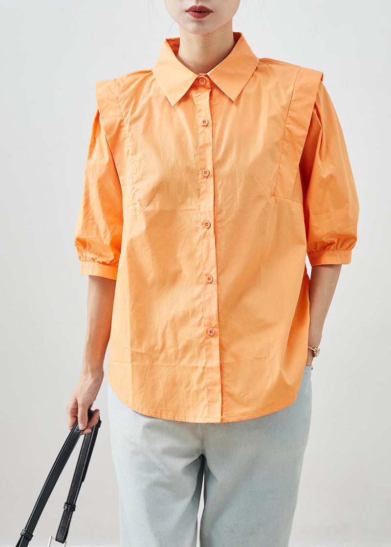 Orange Peter Pan Collar Patchwork Cotton Shirts Half Sleeve