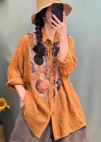 Style Orange Button Peter Pan Collar Print Patchwork Shirt Spring