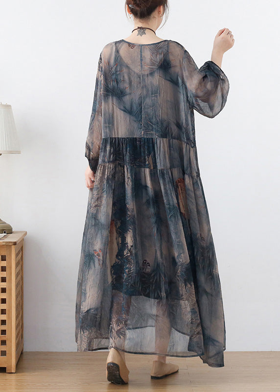Blue Chiffon Long Dress and Spaghetti Strap Dress Two Pieces Set Wrinkled Draping Summer