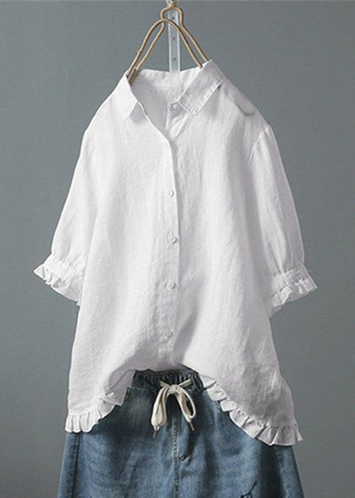 Loose White Ruffled Button Cotton Shirt Summer