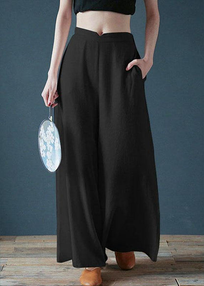 Cotton Back Elastic Waist Loose Wide Leg Pants With Side Pockets