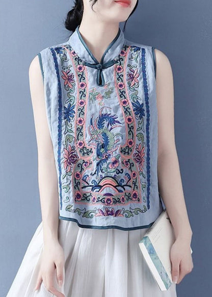 Art Light Blue Stand Collar Embroidered Waistcoat Summer
