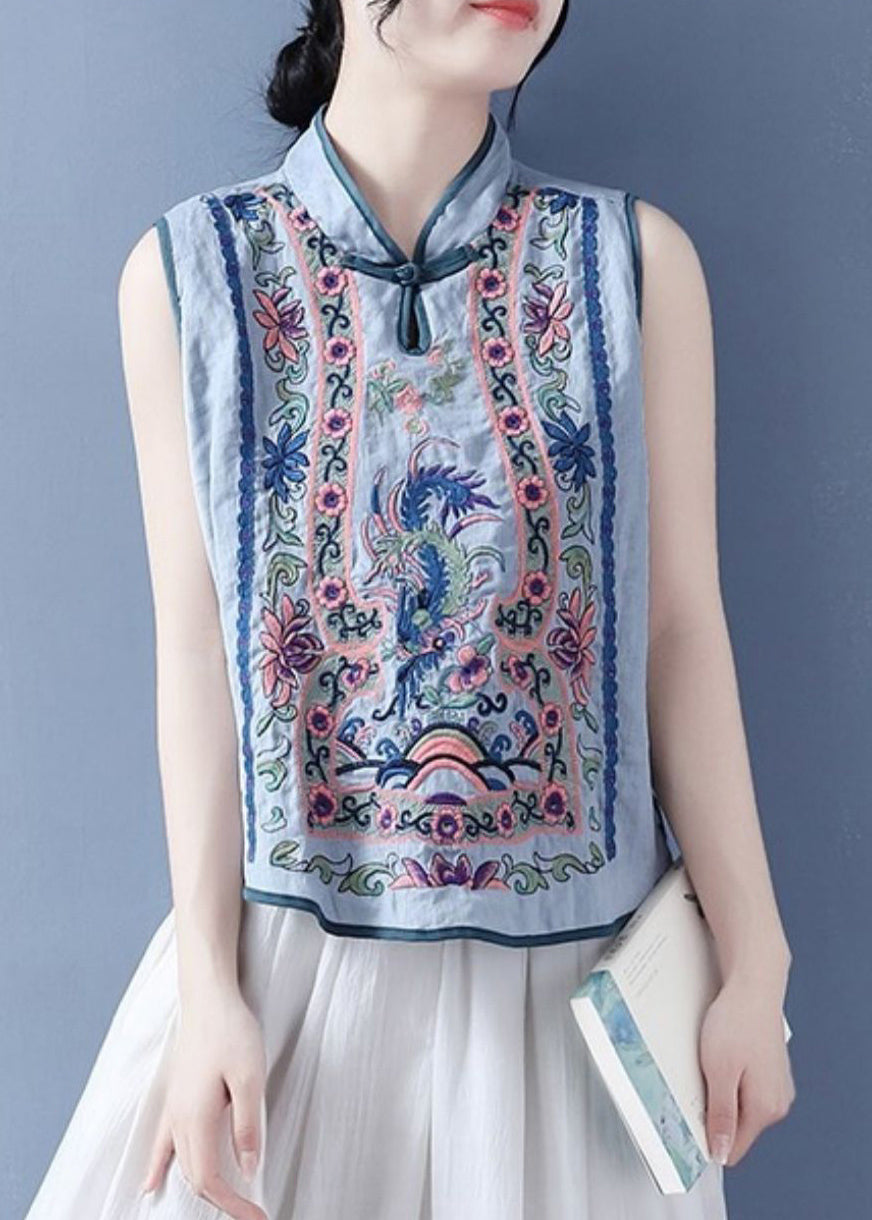 Art Light Blue Stand Collar Embroidered Waistcoat Summer