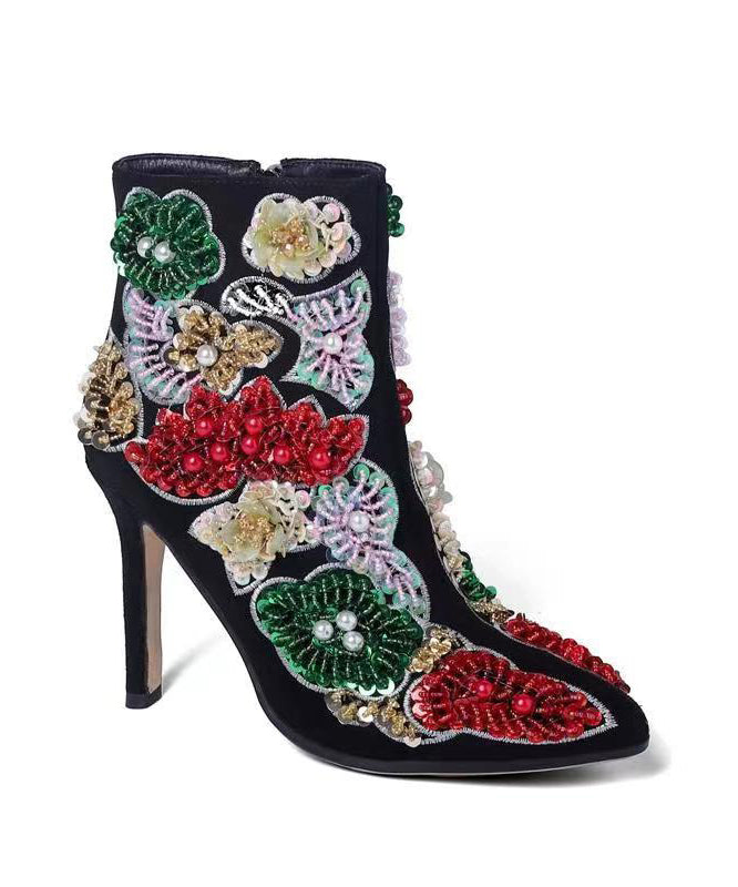 Black Embroidered Nail Bead Short Boots Stiletto Sheepskin