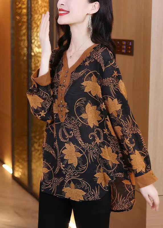 Orange V Neck Print Patchwork Cotton Top Fall