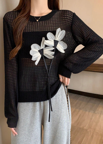 French Black O Neck Hollow Out Knit Top Spring