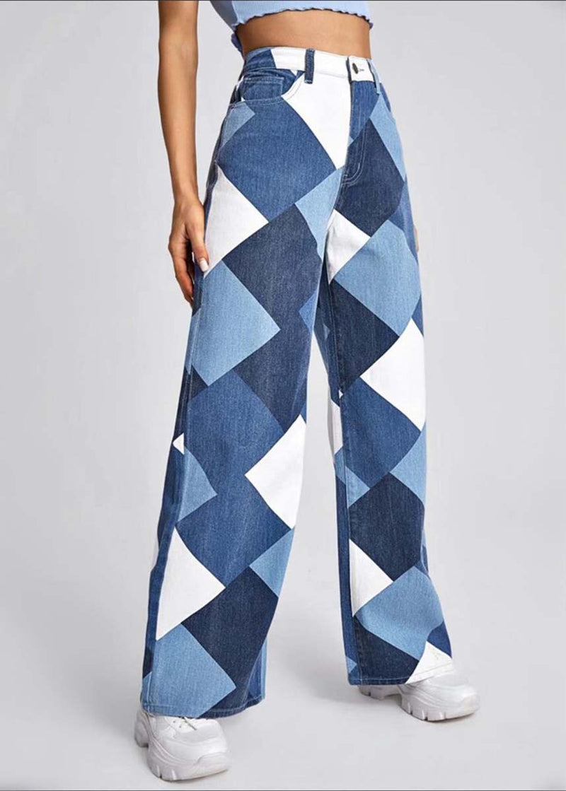 Blue Oversized Plaid Denim Straight Pants Summer