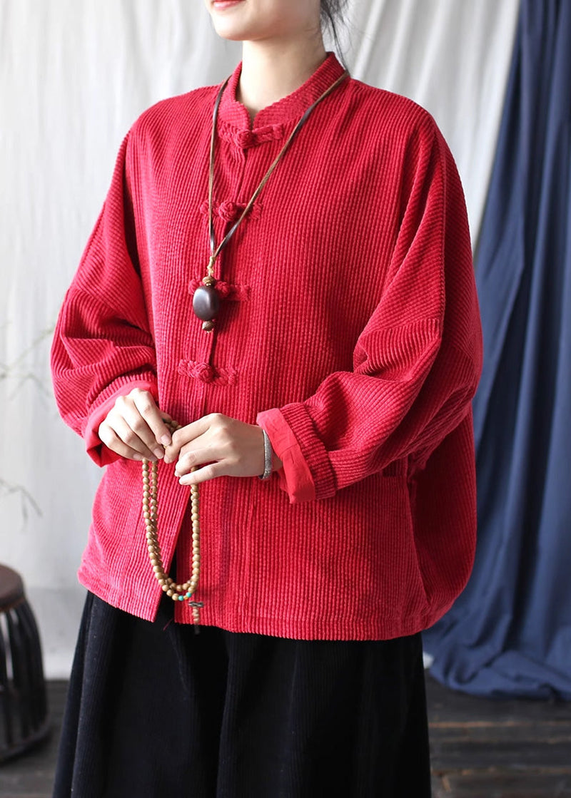 Red Chinese Button Pockets Corduroy Jackets Spring
