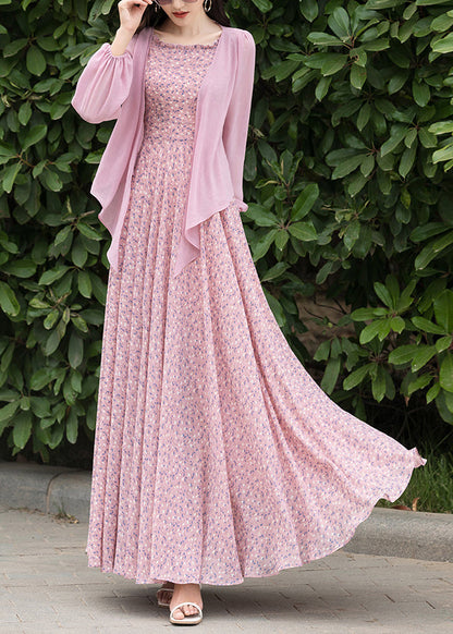 Pink Print Chiffon Cardigan and Slip Dress Two Pieces Set Spring