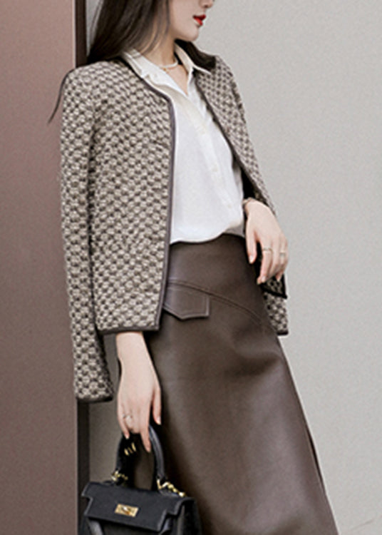 O-neck Plaid Button Woolen Coat Long Sleeve