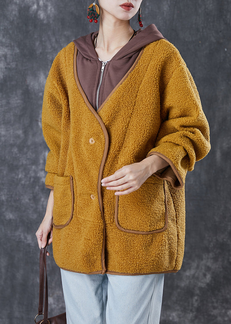 Fitted Yellow Hooded Patchwork Faux Fur Fake Two Piece Jacket Winter