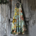 Vintage Floral Art Linen Blend Tank Midi Dress artswardrobe