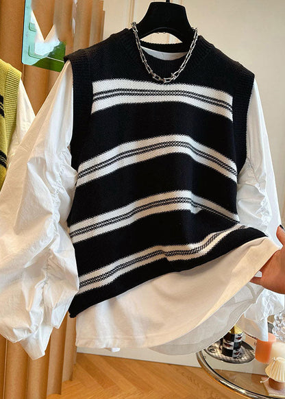 Stylish Black O-neck Striped Patchwork Knit Waistcoat and Shirts Two Pieces Set Long Sleeve