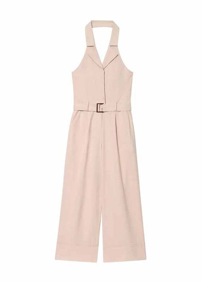 Beige Halter Pockets Cotton Jumpsuit Sleeveless