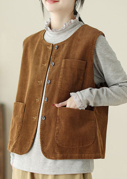 Caramel O Neck Pockets Corduroy Vest Sleeveless