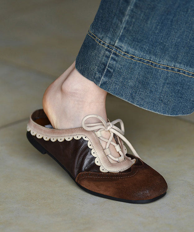 Chocolate Flat Embossed Lace Up Cowhide Leather Slippers